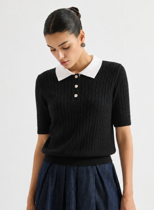 Contrast-collar polo knit top