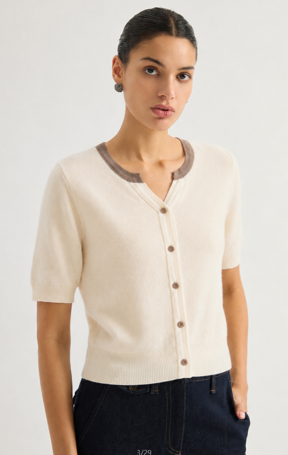 Short-sleeve contrast-trim cardigan — ML62125