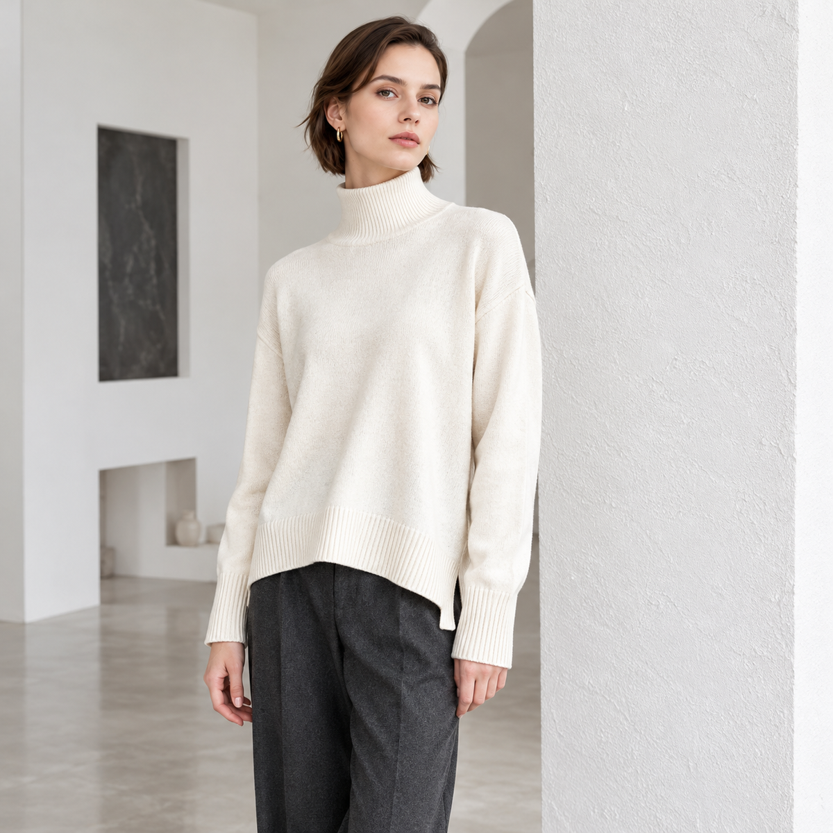 Split-hem mock-neck knit sweater — ML62236