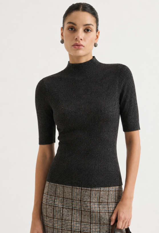 Short-sleeve mock-neck knit top