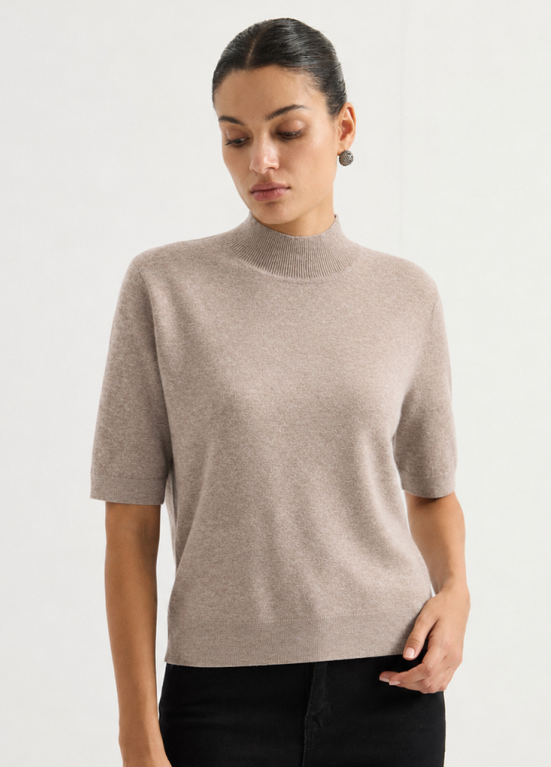 Short-sleeve high-neck knit top