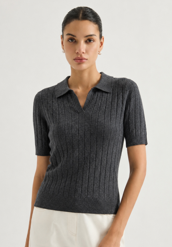 Short-sleeve ribbed polo top — MZ62056