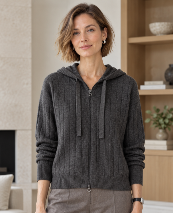Ribbed zip-front knit hoodie — MZ62113