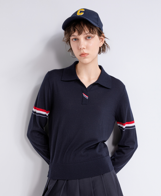 Contrast-sleeve wool polo sweater