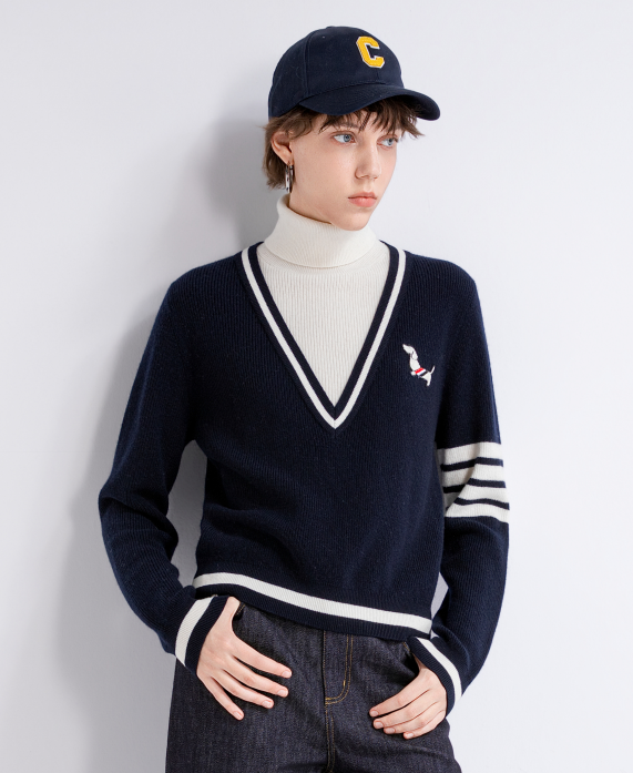 Striped-trim V-neck sweater