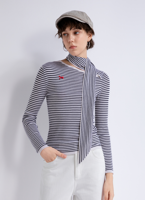 Striped tie-neck knit sweater