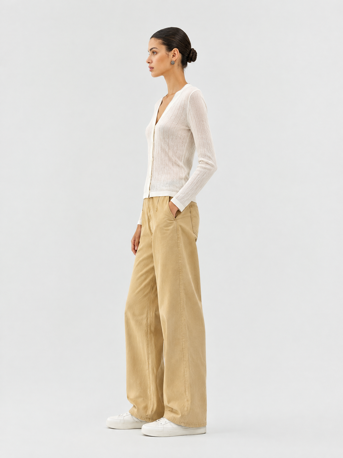 Ribbed wool-blend v-neck cardigan — Side view