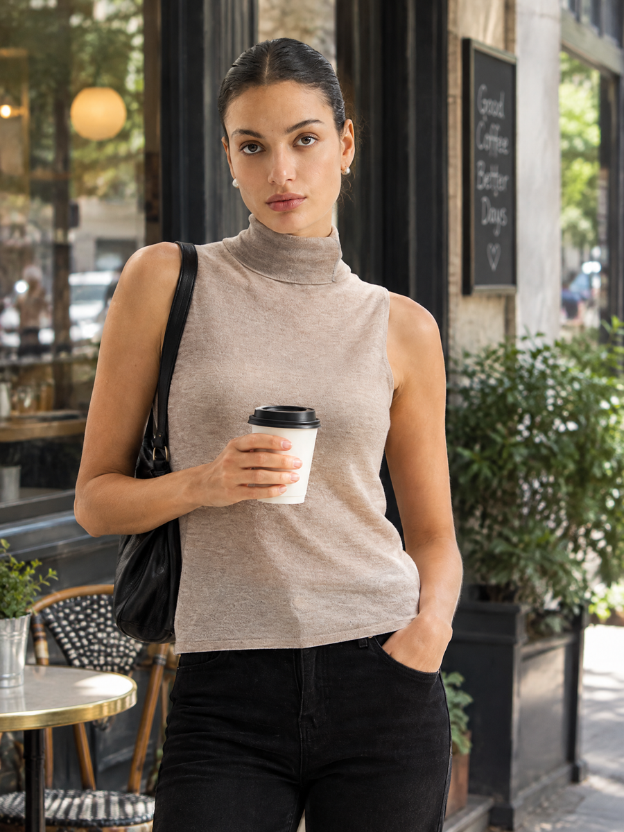 Sleeveless wool-blend turtleneck