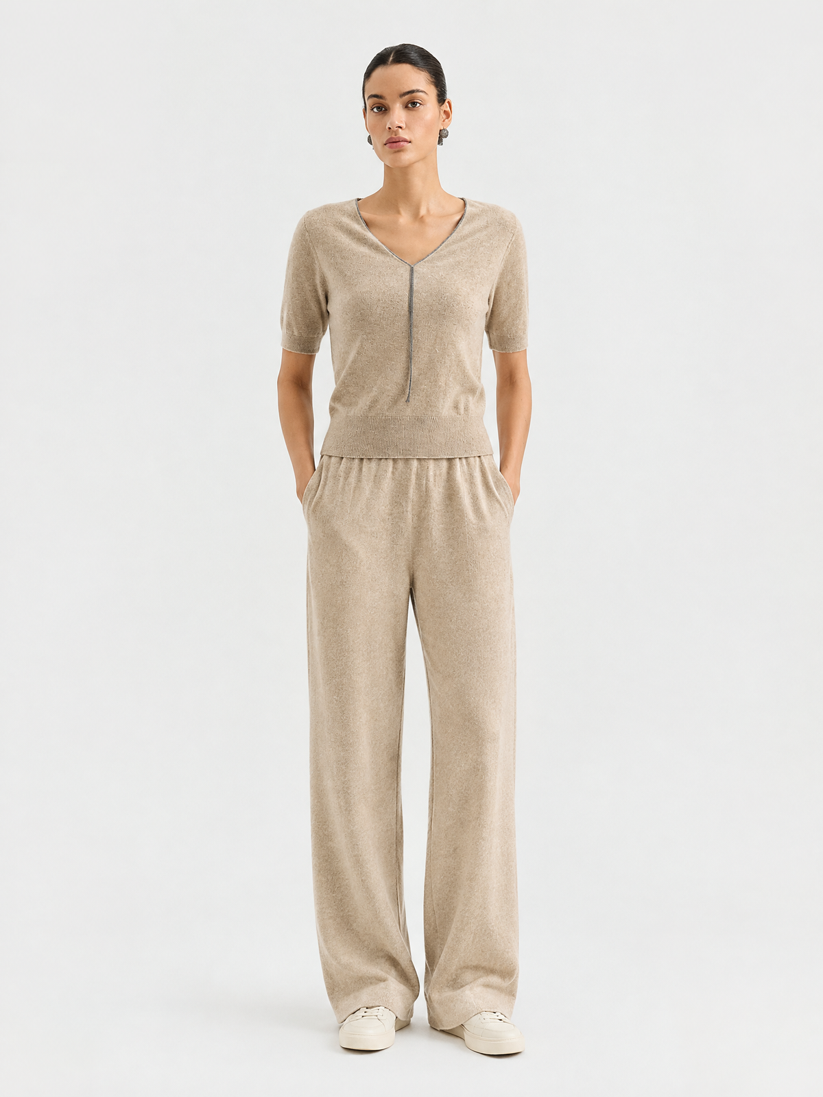 Short-sleeve half-zip cashmere top — Front view