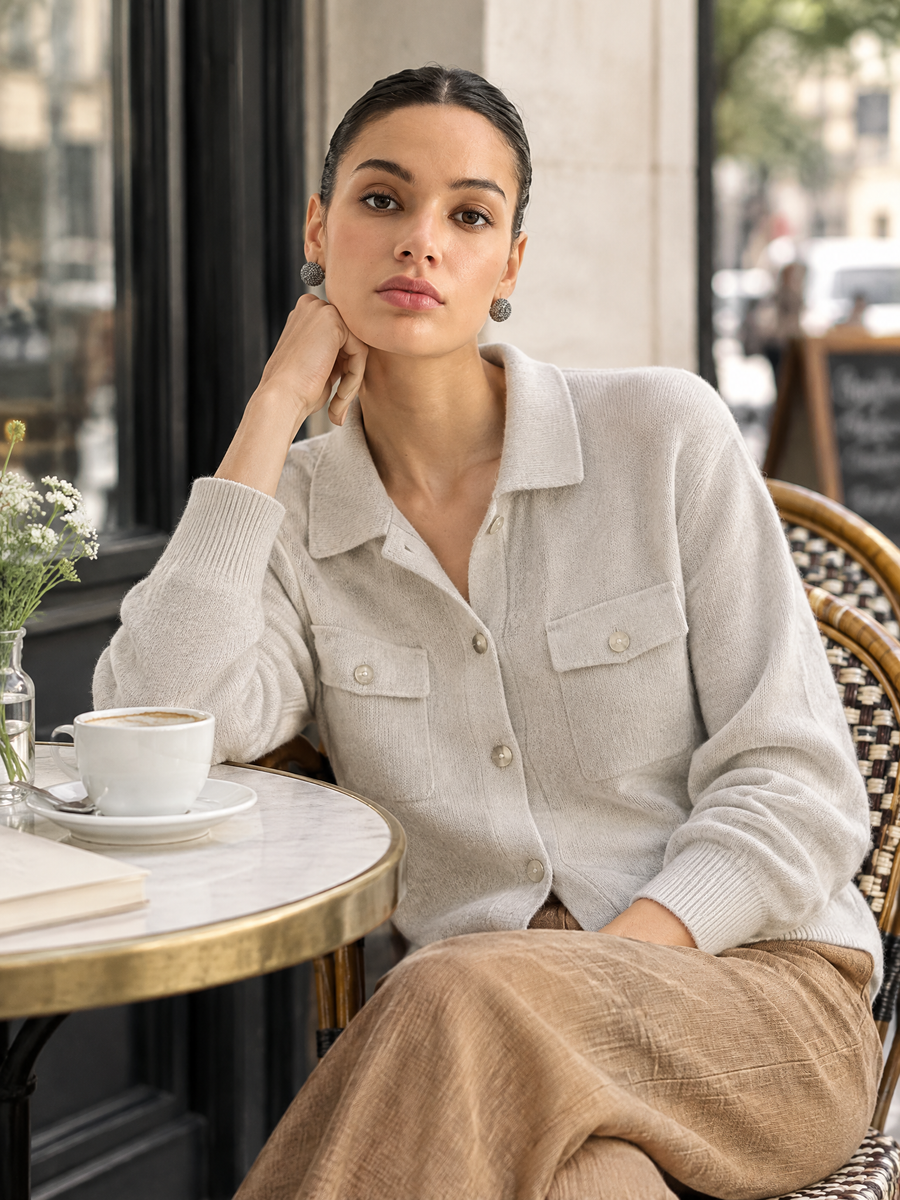 Polo-collar knit cardigan