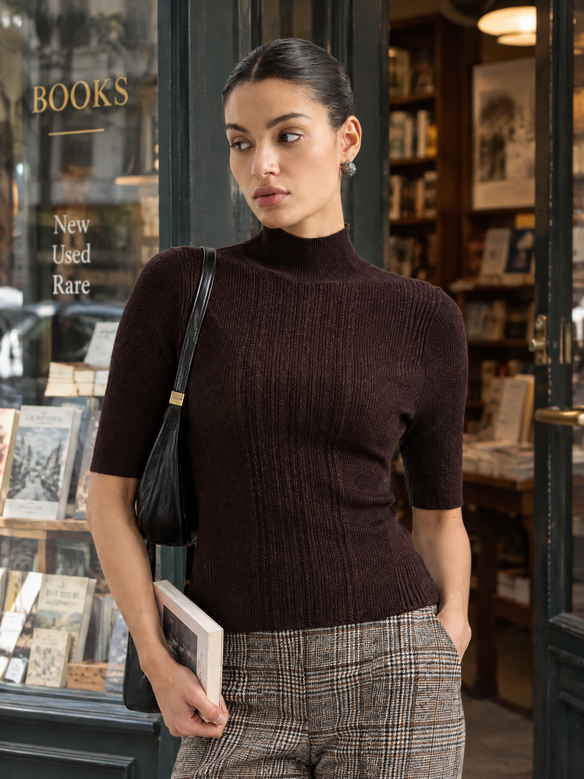 Short-sleeve mock-neck knit top — Lifestyle scene