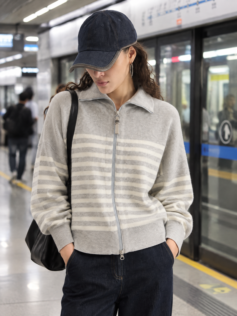 Striped zip-front cardigan