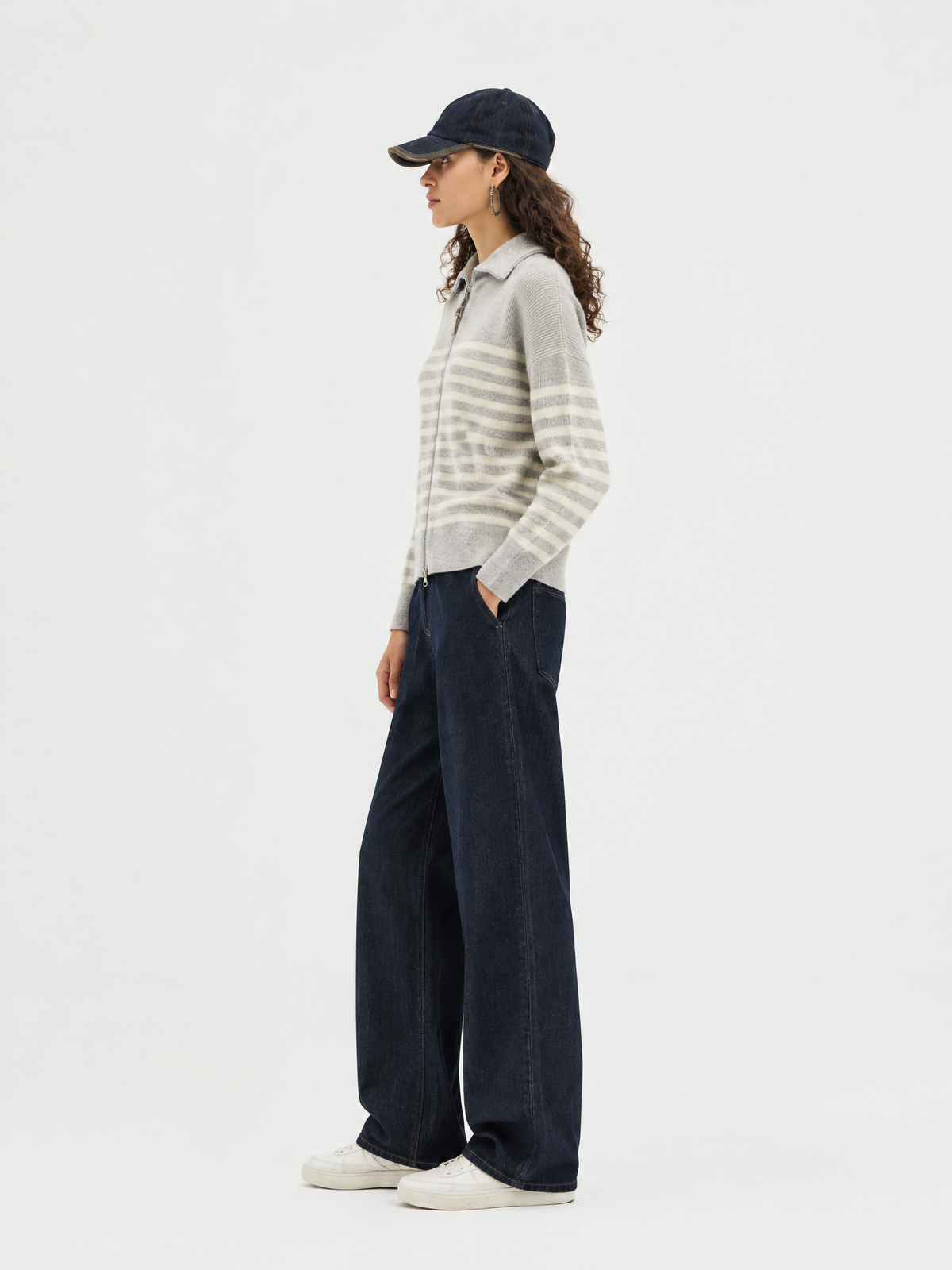 Striped zip-front cardigan — Side view