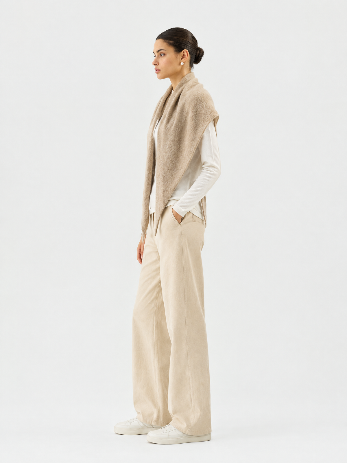 Draped open-front knit vest — Side view
