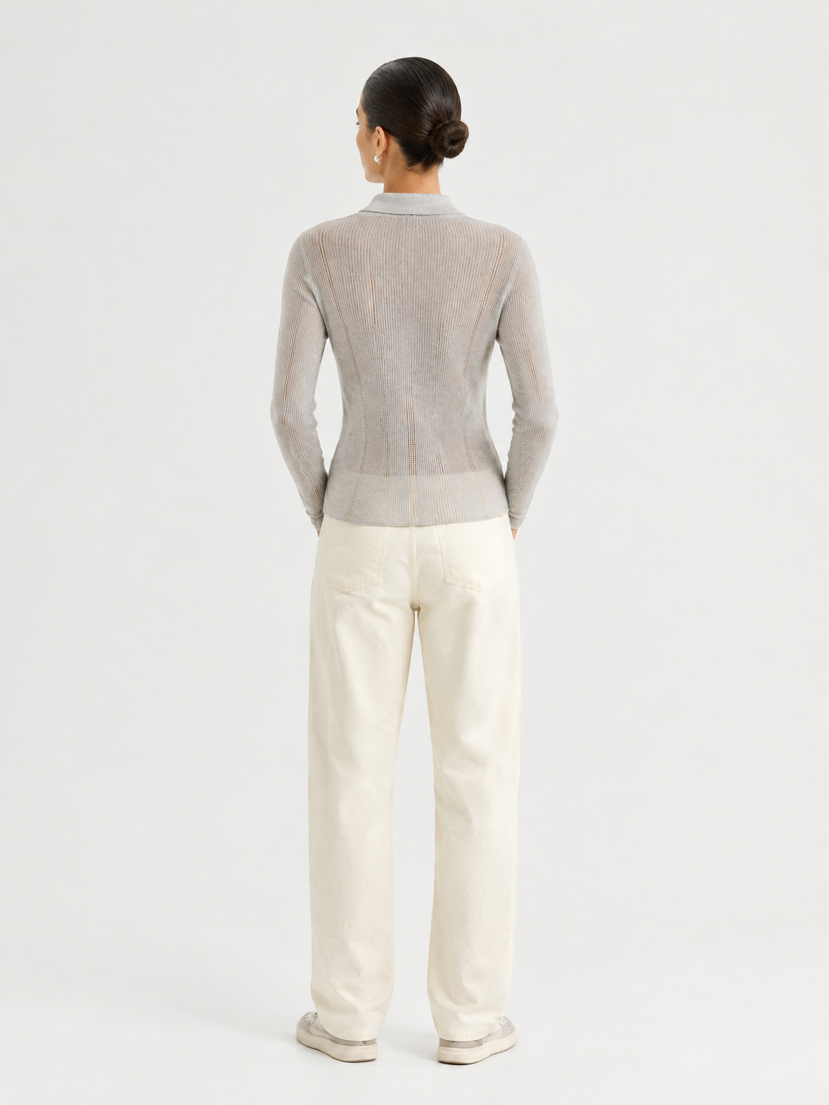 Ribbed polo-collar cardigan — Back view