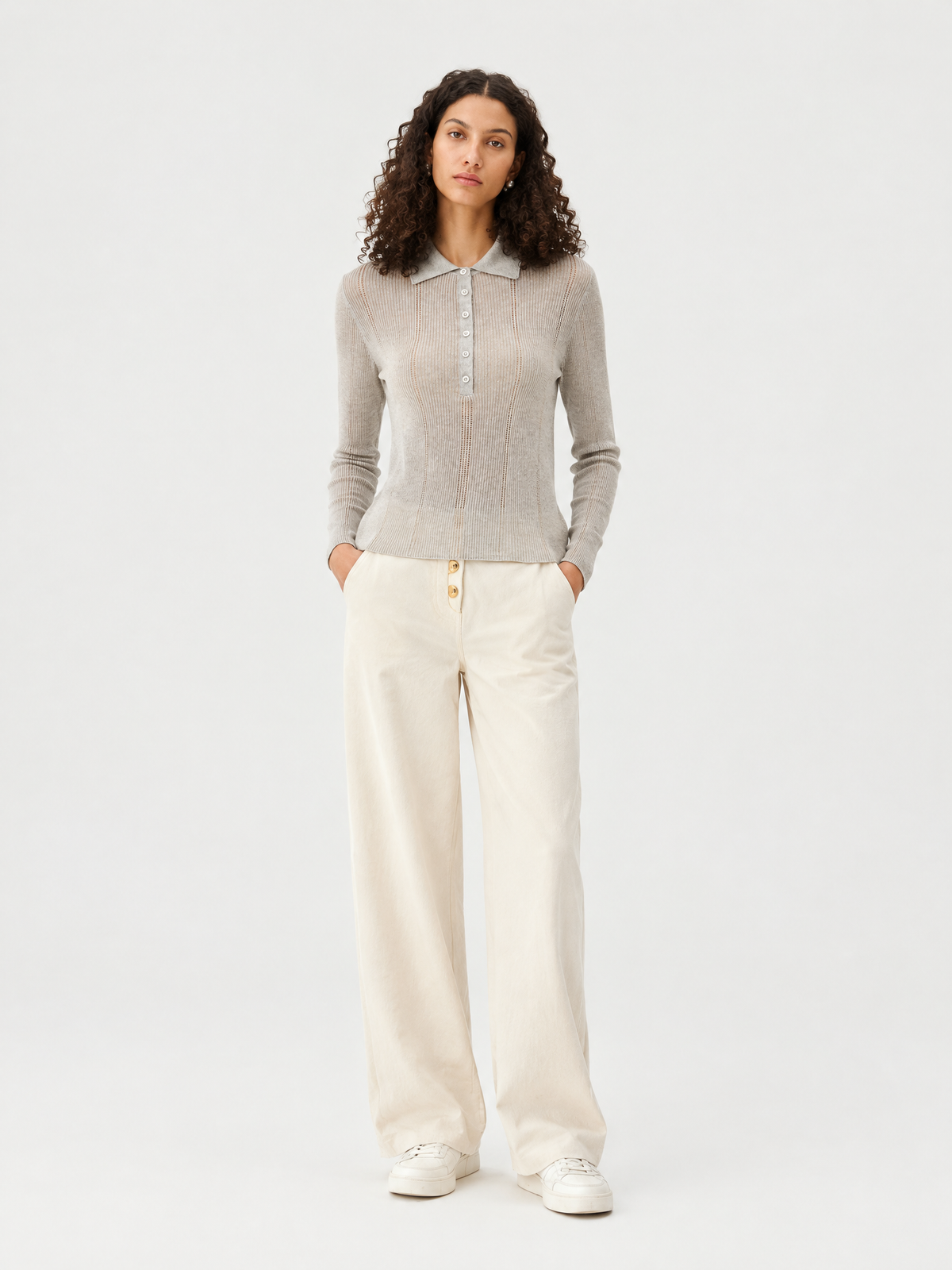 Ribbed polo-collar cardigan — Front view