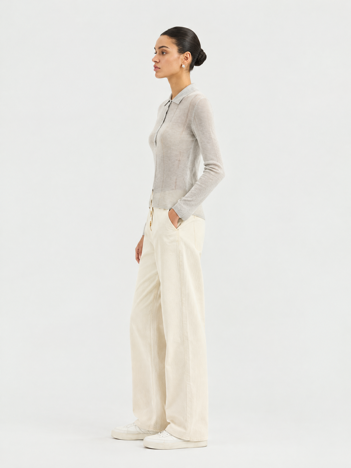 Ribbed polo-collar cardigan — Side view