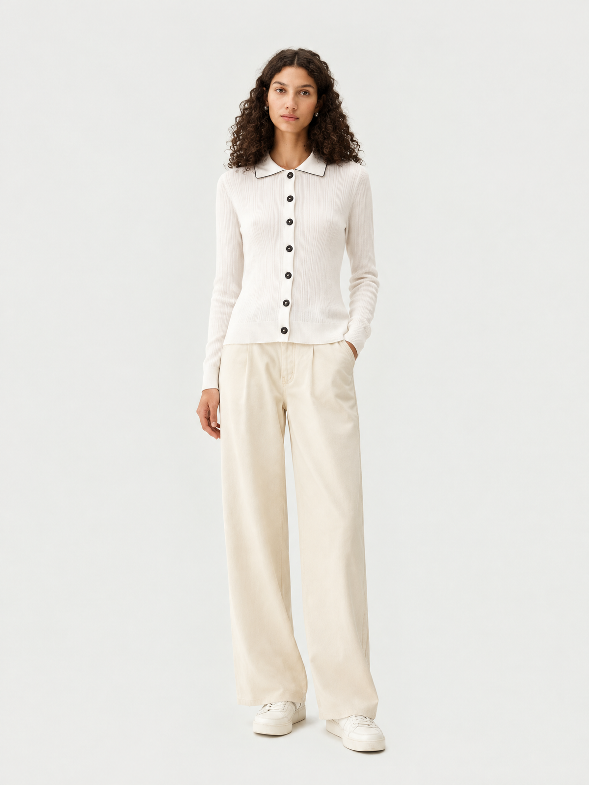 Polo-collar knit cardigan — Front view