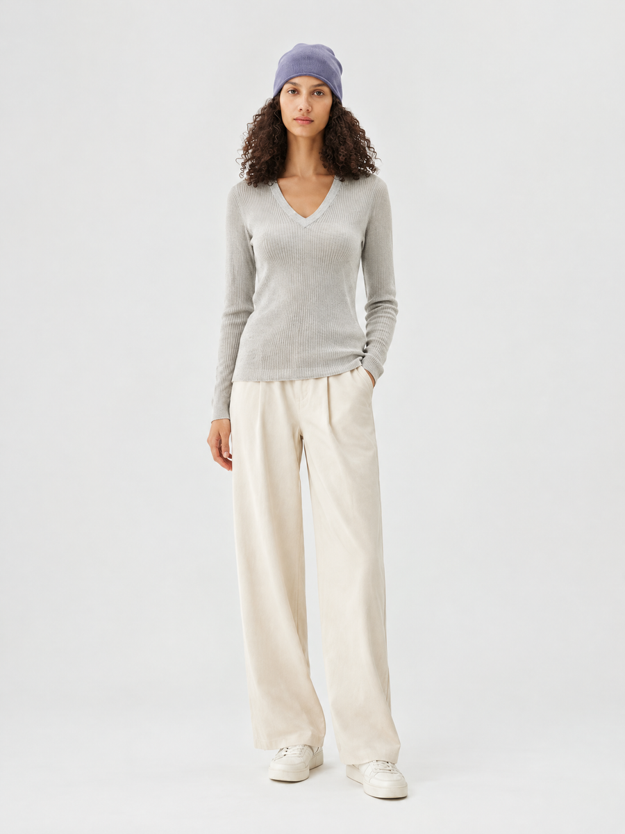 Ribbed V-neck knit sweater