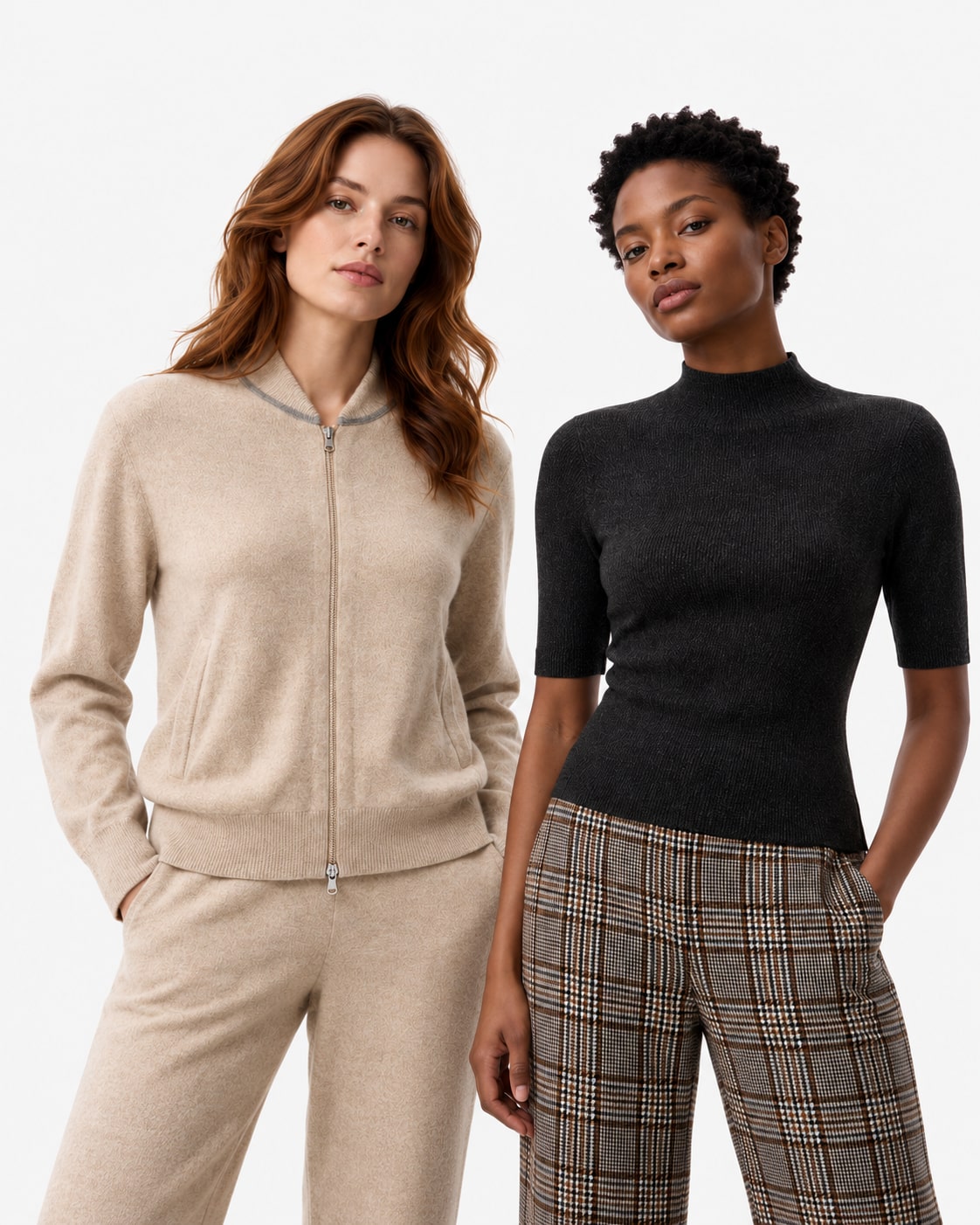 Two models wearing oatmeal zip cardigan BD3621771 and black mock-neck knit MZ62004