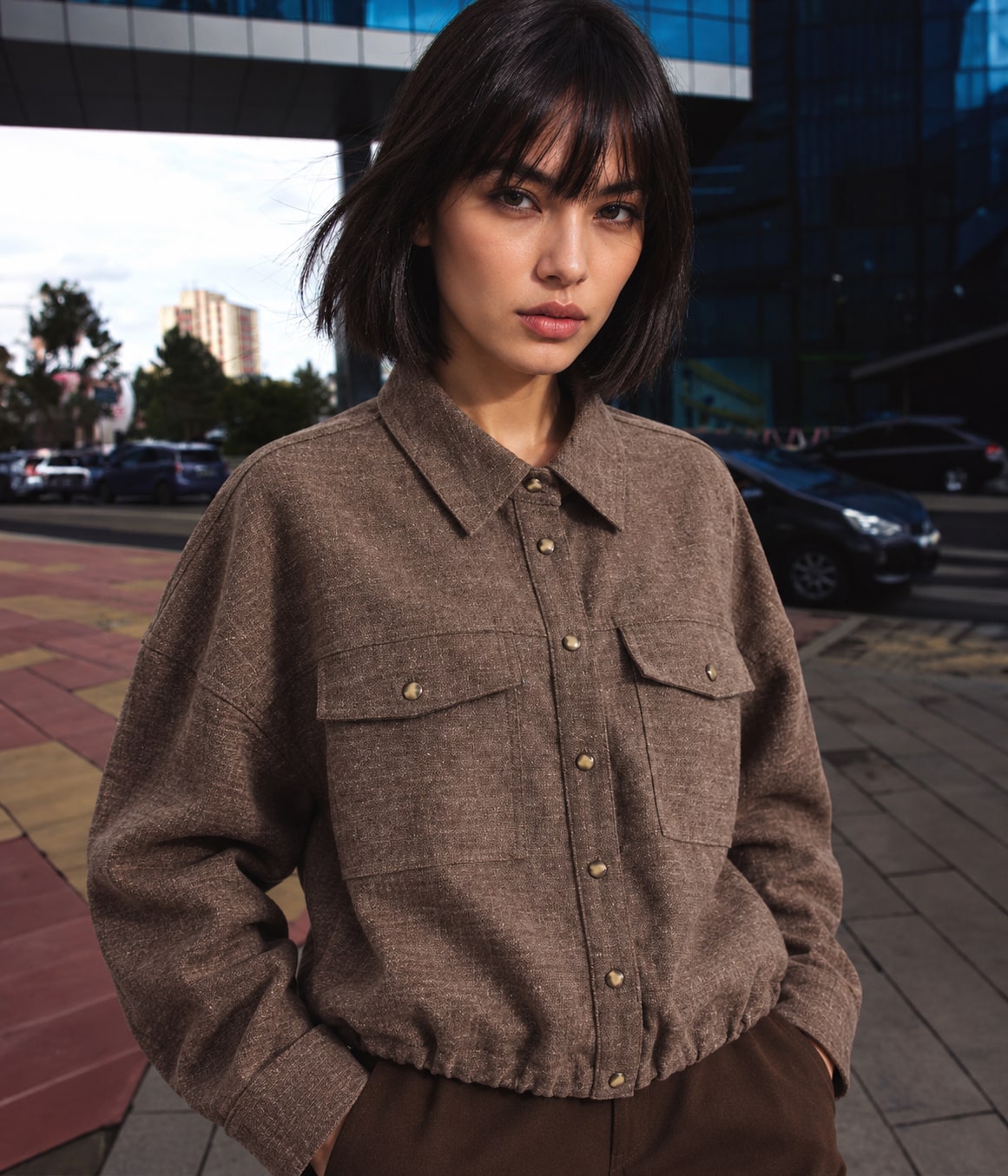 Model wearing brown textured shirt jacket KT7623901 in a city street