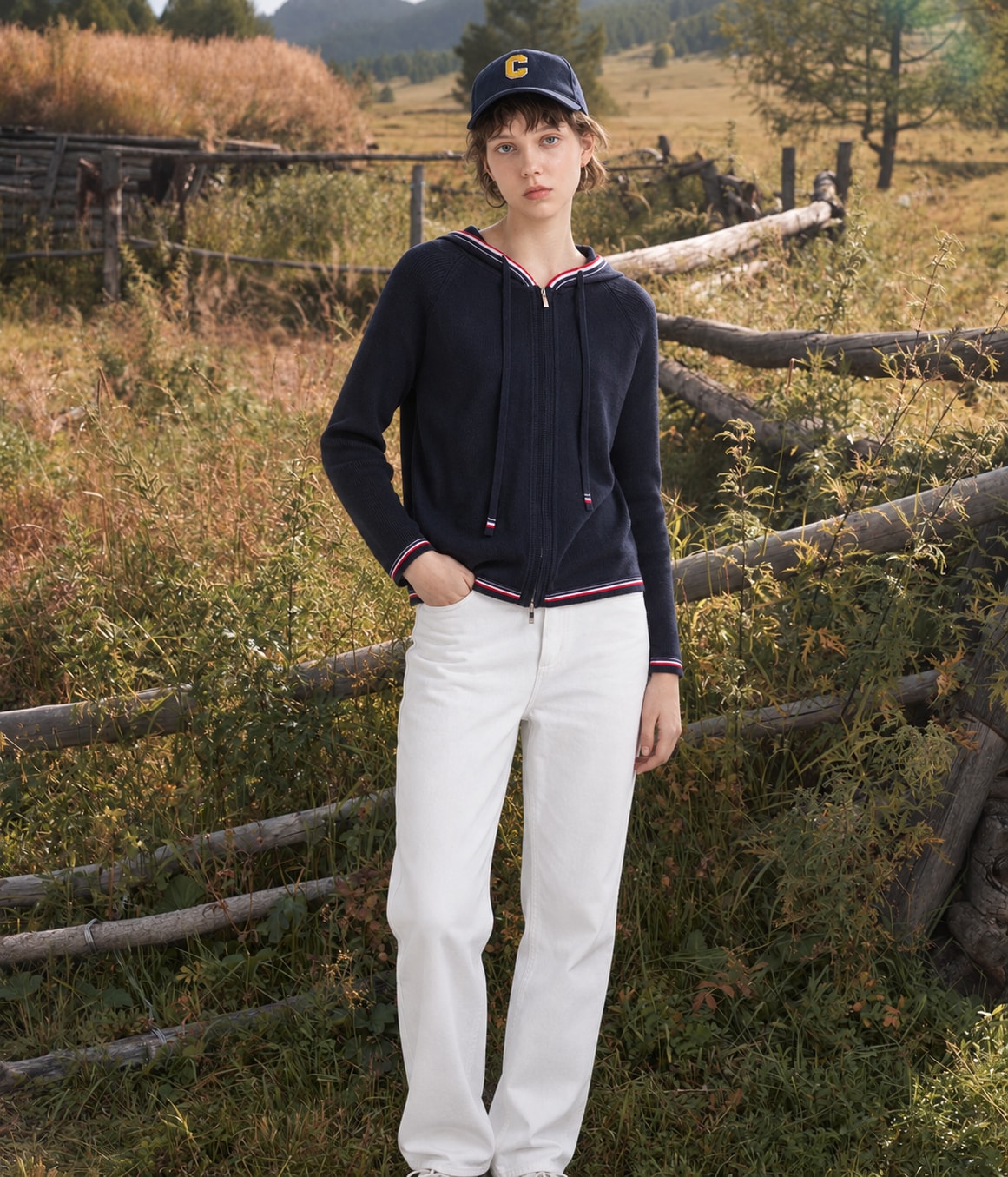 Model wearing the navy knit hoodie TH861072 in an autumn field